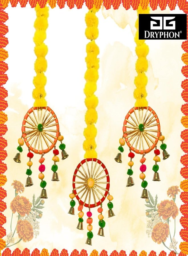 DRYPHON Artificial Marigold Flowers With Pom Pom Ring Bell Hanging Garlands for Home Decoration, Diwali, Wedding, Puja (Pack of 2) - Image 3